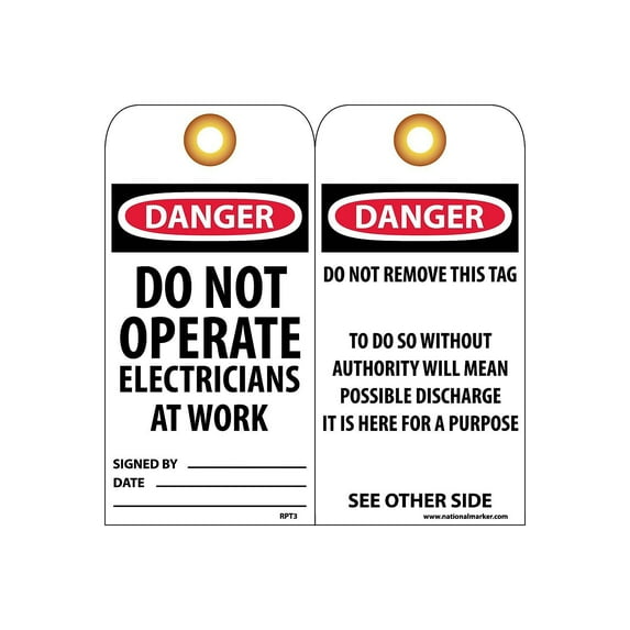 National Marker Accident Prevention Tags; Danger Do Not Operate Electricians 6X3 Unrip Vinyl 25/Pk