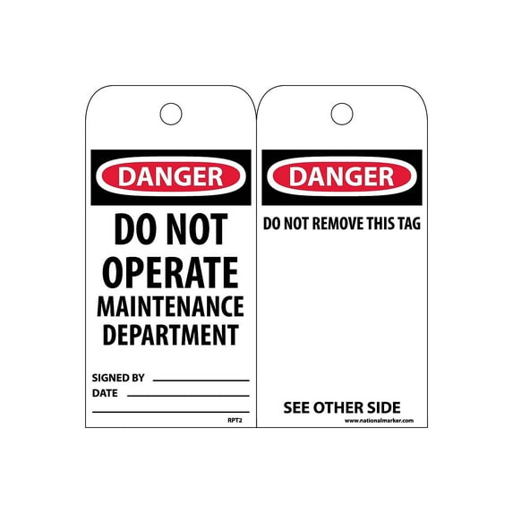 National Marker Accident Prevention Tags; Danger Do Not Operate Maintenance Dept. 6X3 Unrip Vinyl
