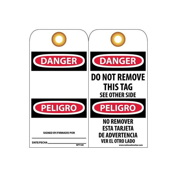 National Marker Accident Prevention Tags; Danger Do Not Remove (Bilingual) 6X3 Unrip Vinyl 25/Pk W/