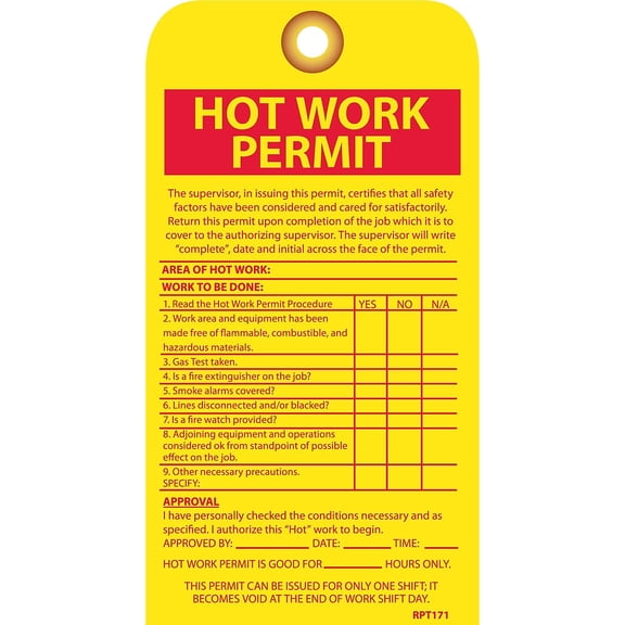 National Marker Accident Prevention Tags Hot Work Permit 7.5" x 4" Unrip Vinyl 10/Pack W/ Grommet