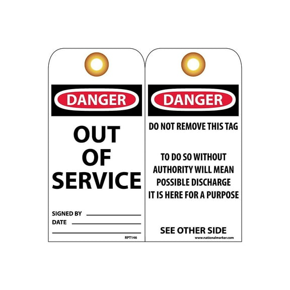 National Marker Accident Prevention Tags; Out Of Service 6X3 .015 Mil Unrip Vinyl 25 Pk W/ Grommet