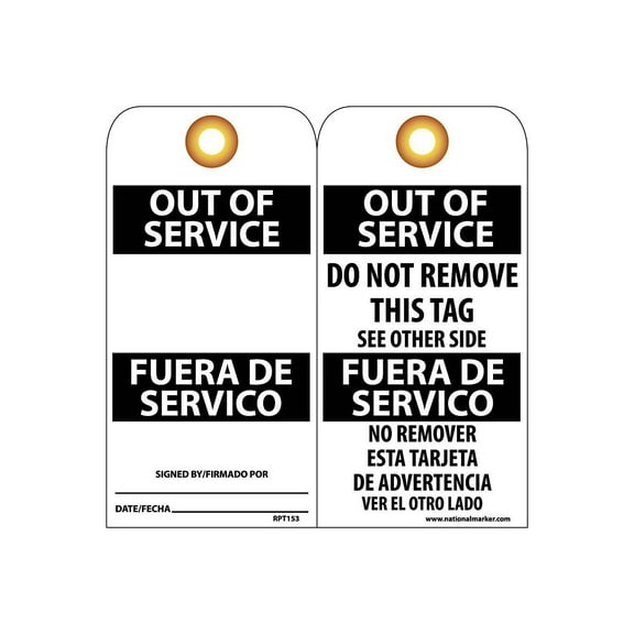 National Marker Accident Prevention Tags; Out Of Service Bilingual 6X3 .015 Mil Unrip Vinyl 25 Pk W/