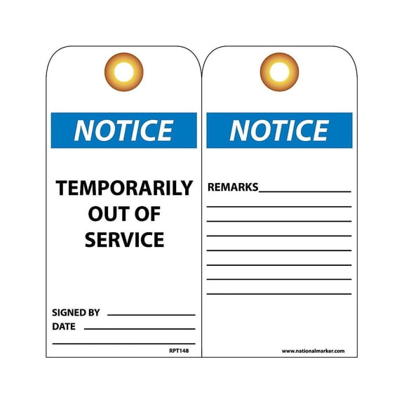 National Marker Accident Prevention Tags; Temporarily Out Of Service 6X3 .015 Mil Unrip Vinyl 25 Pk