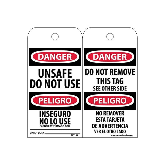 National Marker Accident Prevention Tags; Unsafe Do Not Use Bilingual 6X3 .015 Mil Unrip Vinyl 25 Pk