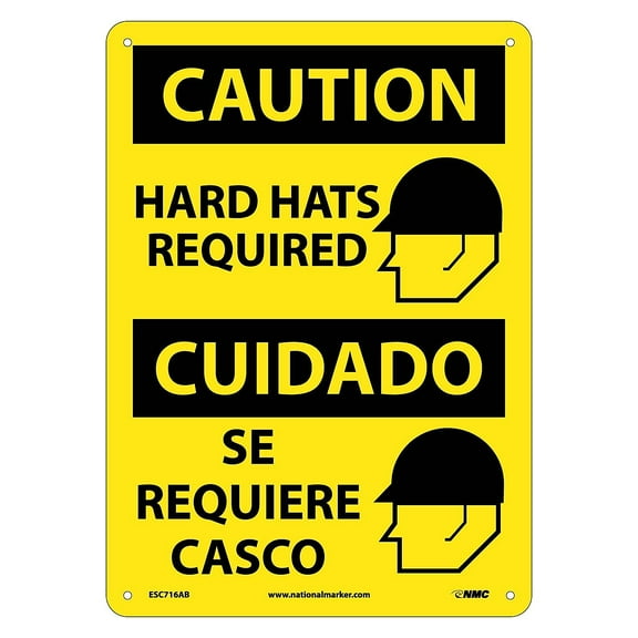 National Marker Caution Signs; Hard Hats Required (Graphic) Bilingual 14X10 .040 Aluminum ESC716AB