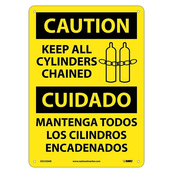 National Marker Caution Signs; Keep All Cylinders Chained Bilingual Graphic 14X10 .040 Aluminum