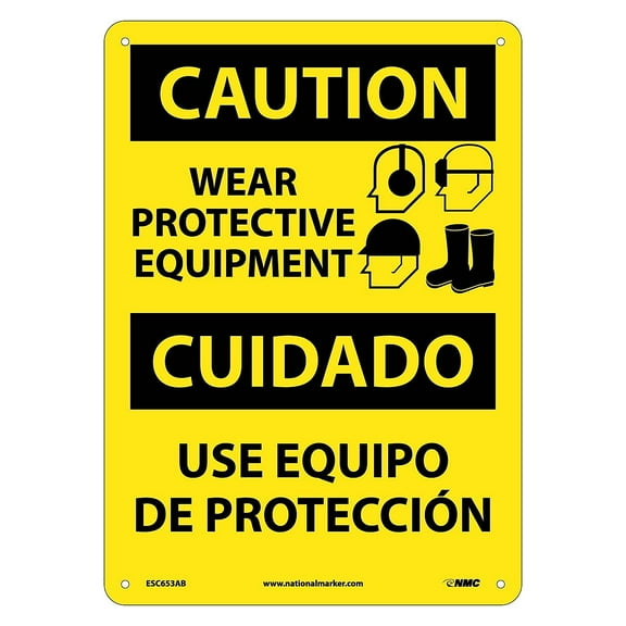 National Marker Caution Signs; Wear Protective Equipment Bilingual Graphic 14X10 .040 Aluminum