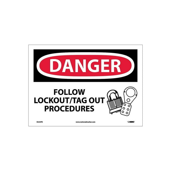 National Marker Danger Labels; Follow Lockout Tag Out Procedures Graphic 10" x 14" Adhesive Vinyl