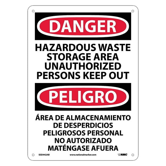 National Marker Danger Signs; Hazardous Waste Storage Area Keep Out Bilingual 14X10 .040 Aluminum
