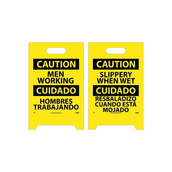National Marker Floor Signs; Dbl Side Caution Men Working Caution Slippery When Wet (Bilingual)