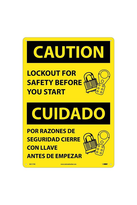Lockout For Safety Before You Start (Bilingual) 20X14 Rigid Plastic Caution Sign