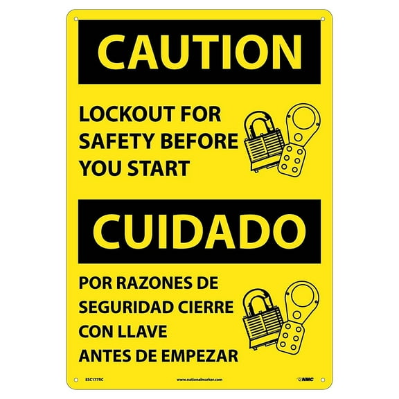 National Marker Lockout For Safety Before You Start (Bilingual) 20X14 Rigid Plastic Caution Sign