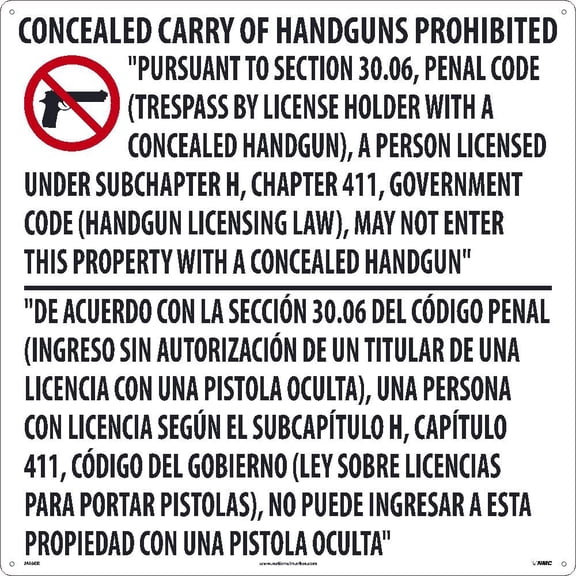 National Marker M460R 24 inches X 24 inches, Texas Concealed Handgun Prohibited Sign, .050 Rigid Plastic