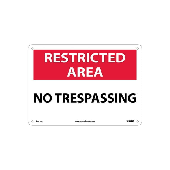 National Marker Notice Signs; Restricted Area No Trespassing 10X14 Rigid Plastic RA21RB