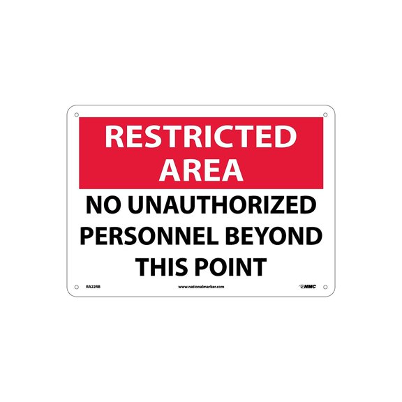 National Marker Notice Signs; Restricted Area No Unauthorized Personnel Beyond This Point 10X14