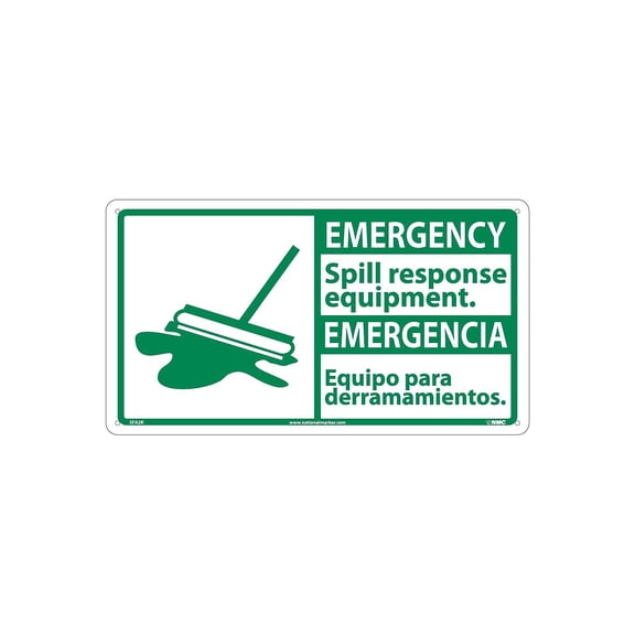 National Marker Safety First Emergency Spill...(Bilingual W/Graphic) 10X18 Rigid Plastic Notice Sign