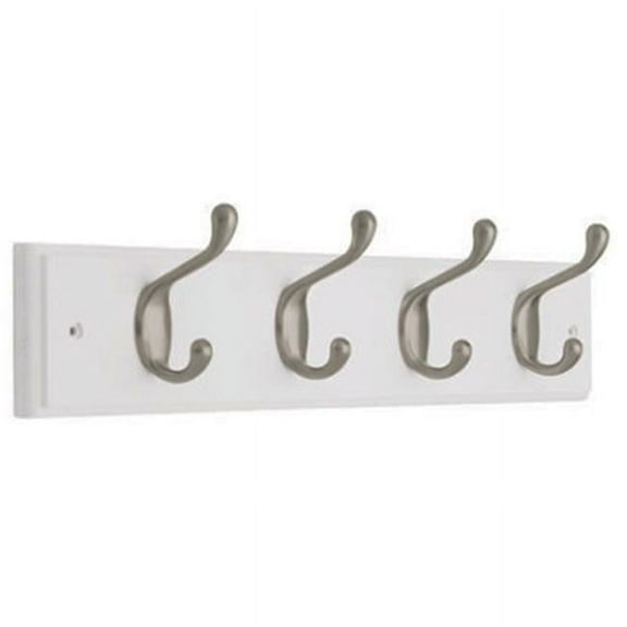 National Mfg Hook Rail, 4 Satin Nickel Hooks, White Rail, 18 x 5/8 x 2.75-In.