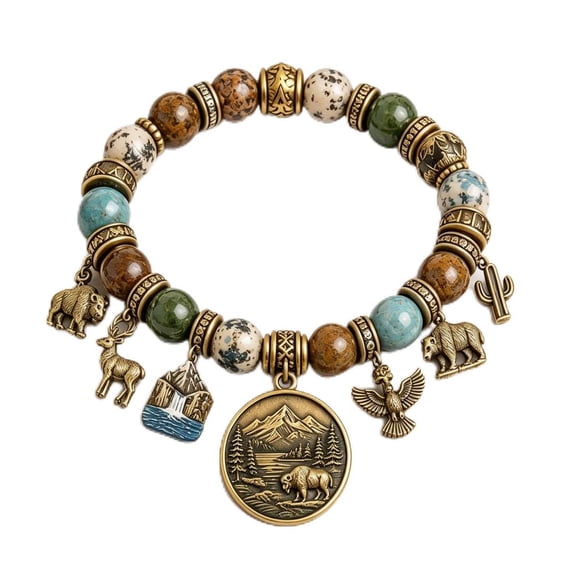 National Nature Park Faith Bracelet, Vintage Nat ure & Wildlife Beaded Stretch Souvenir Bracelet for Women & Men with charm, National Park Memorabilia, Gift for Nature Lovers