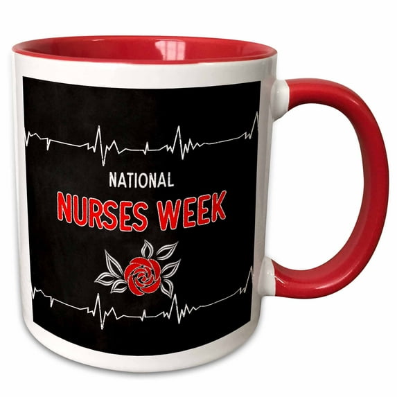 3drose, National Nurses Week Chalkboard Theme with Heart Rate and Red Rose, 15oz Two-tone Red Mug