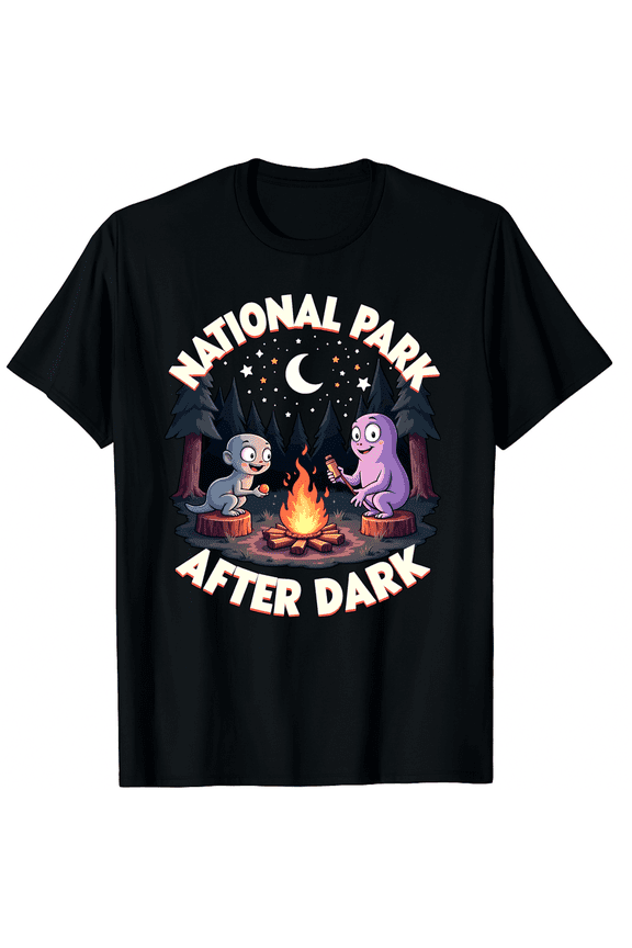 National Park After Dark Camping Alien Bigfoot Ghost Graphic Black T-Shirt for Men and Women