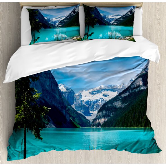 National Park Duvet Cover Set, Landscape from Lake Louise in Canada with Snowy Mountains, Decorative 3 Piece Bedding Set with 2 Pillow Shams, Queen Size, Teal Dark Seafoam, by Ambesonne