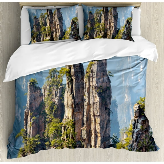 National Park Duvet Cover Sets, Rock Formations Natural Wonders of the World Image, Bedding Set with 2 Duvet Covers & 4 Pillowcases, 2 Pack Queen Size, Olive Green Pale Blue, by Ambesonne