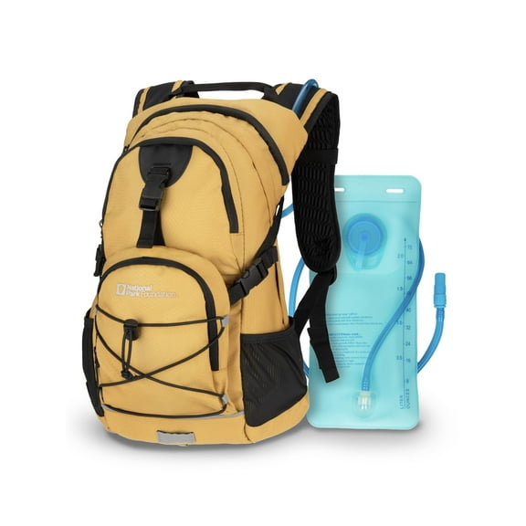 National Park Foundation Hydration Backpack with 2L Hydro Water Bladder Bag, Lightweight Hiking Backpack, Travel Backpack for Cycling, Running, and Climbing, 18L, Mustard