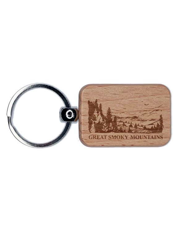 National Park Great Smokey Mountains Rectangle Keychain Charm Tag - Engraved Wood