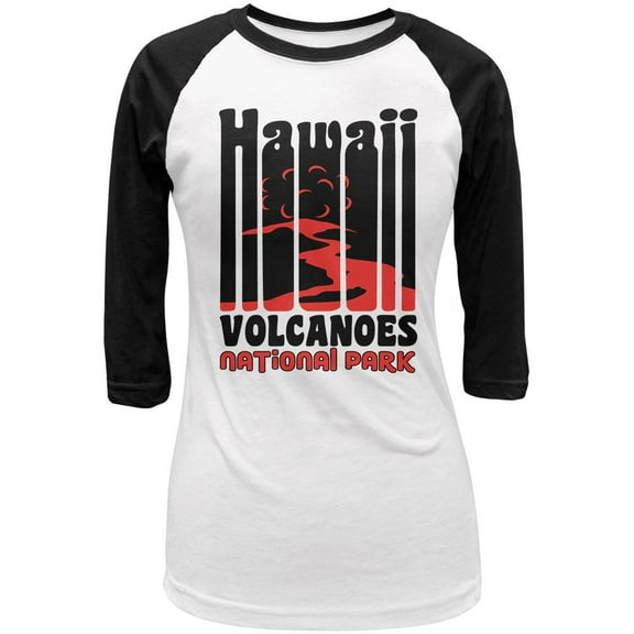 National Park Retro 70s Color Bars Hawaii Volcanoes Juniors Raglan T Shirt White-Black SM
