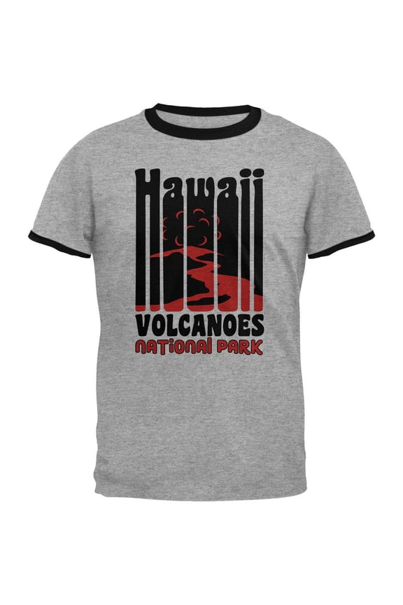 National Park Retro 70s Color Bars Hawaii Volcanoes Mens Ringer T Shirt Heather-Black MD