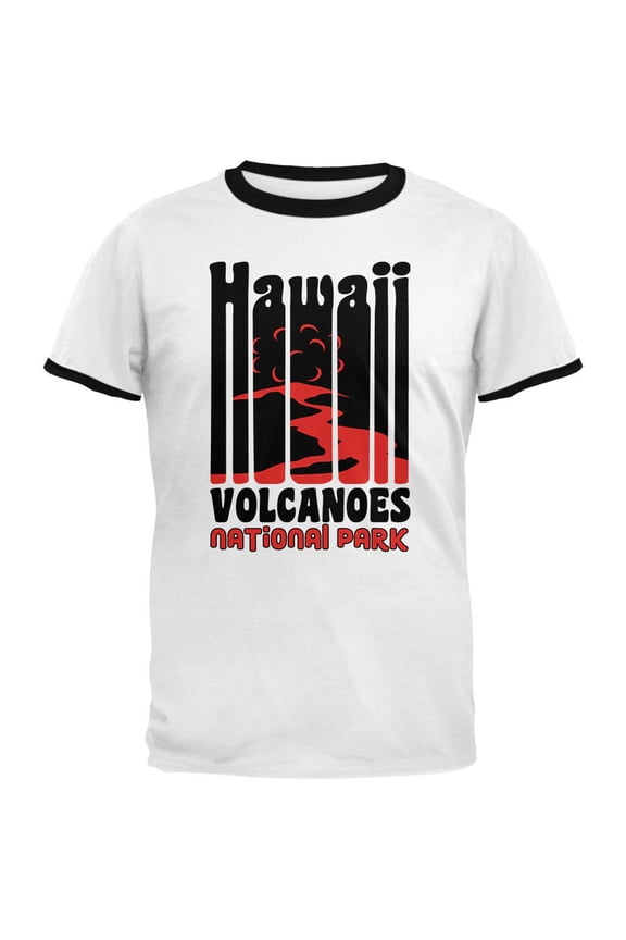 National Park Retro 70s Color Bars Hawaii Volcanoes Mens Ringer T Shirt White-Black LG