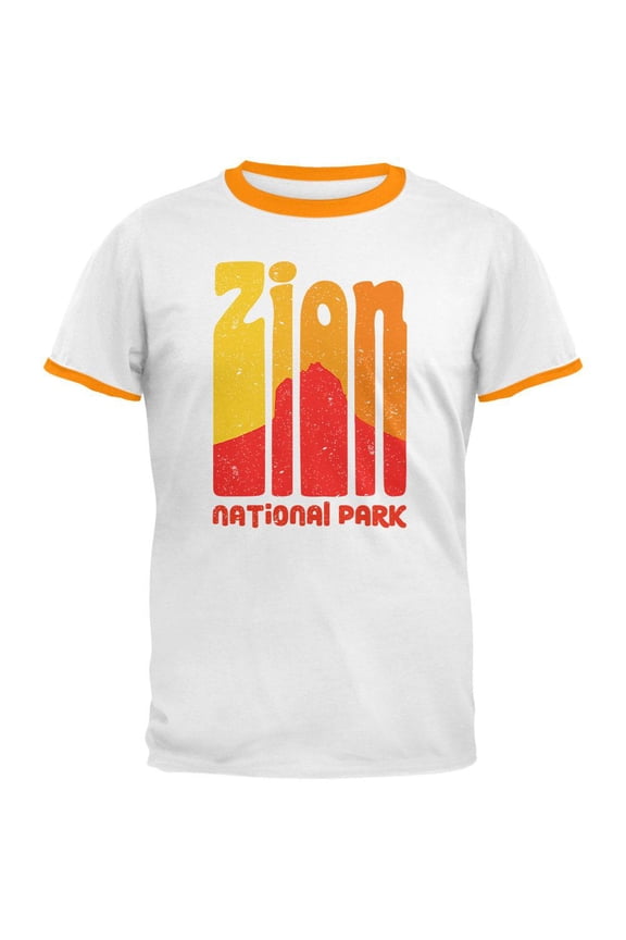 National Park Retro 70s Color Bars Zion Mens Ringer T Shirt White-Gold LG