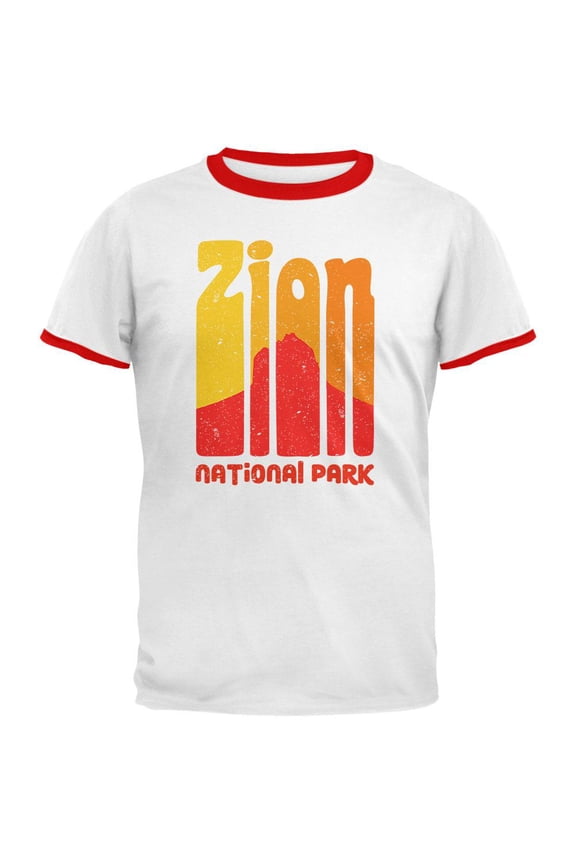 National Park Retro 70s Color Bars Zion Mens Ringer T Shirt White-Red LG