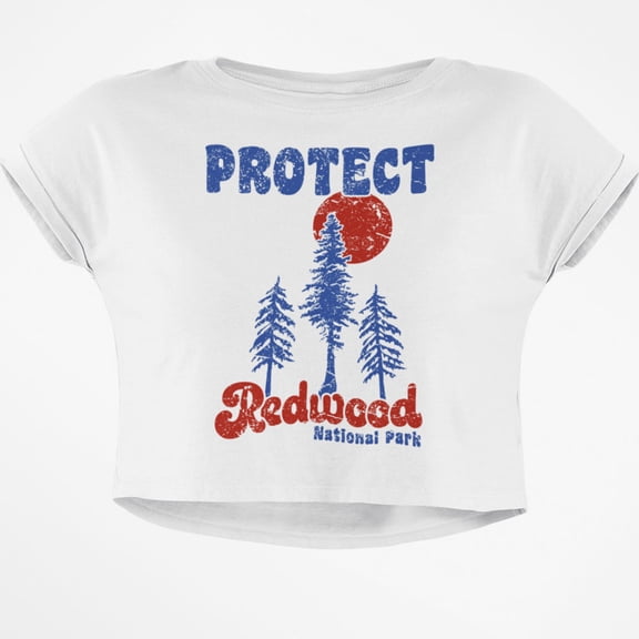 National Park Retro 70s Landscape Protect Redwood Junior Boxy Crop Top T Shirt