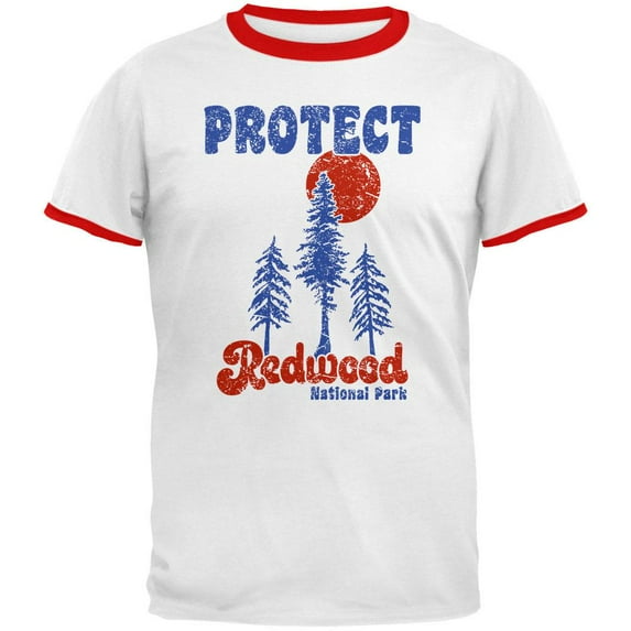 National Park Retro 70s Landscape Protect Redwood Mens Ringer T Shirt White-Red LG