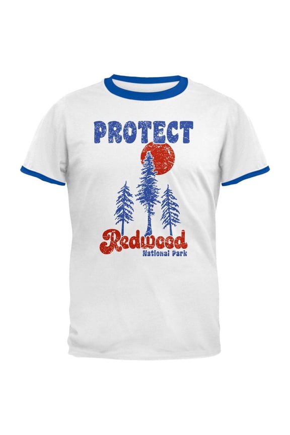 National Park Retro 70s Landscape Protect Redwood Mens Ringer T Shirt White-Royal MD