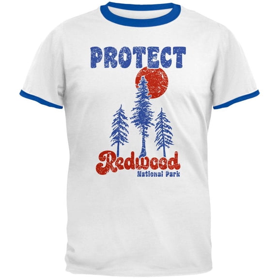 National Park Retro 70s Landscape Protect Redwood Mens Ringer T Shirt White-Royal SM