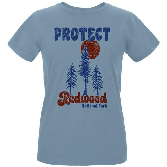 National Park Retro 70s Landscape Protect Redwood Womens Organic T Shirt Blue X-LG
