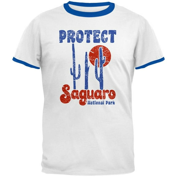 National Park Retro 70s Landscape Protect Saguaro Mens Ringer T Shirt White-Royal 2XL
