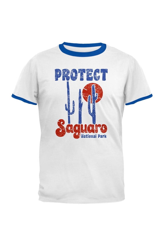 National Park Retro 70s Landscape Protect Saguaro Mens Ringer T Shirt White-Royal 2XL
