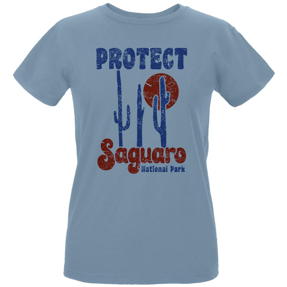 National Park Retro 70s Landscape Protect Saguaro Womens Organic T Shirt Blue X-LG - image 1 of 1