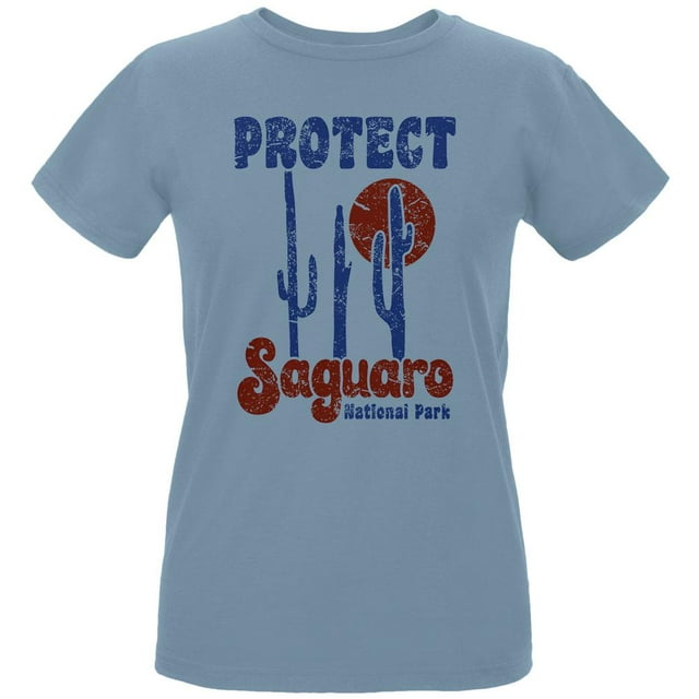 National Park Retro 70s Landscape Protect Saguaro Womens Organic T Shirt Blue X-LG