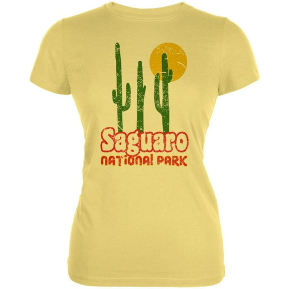 National Park Retro 70s Landscape Saguaro Juniors Soft T Shirt Yellow SM