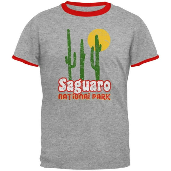 National Park Retro 70s Landscape Saguaro Mens Ringer T Shirt Heather-Red 2XL