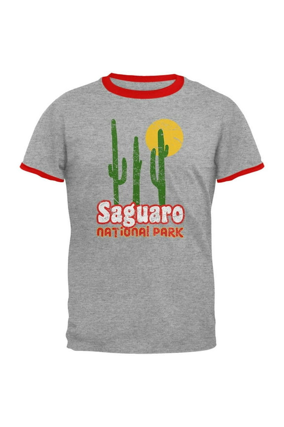 National Park Retro 70s Landscape Saguaro Mens Ringer T Shirt Heather-Red SM