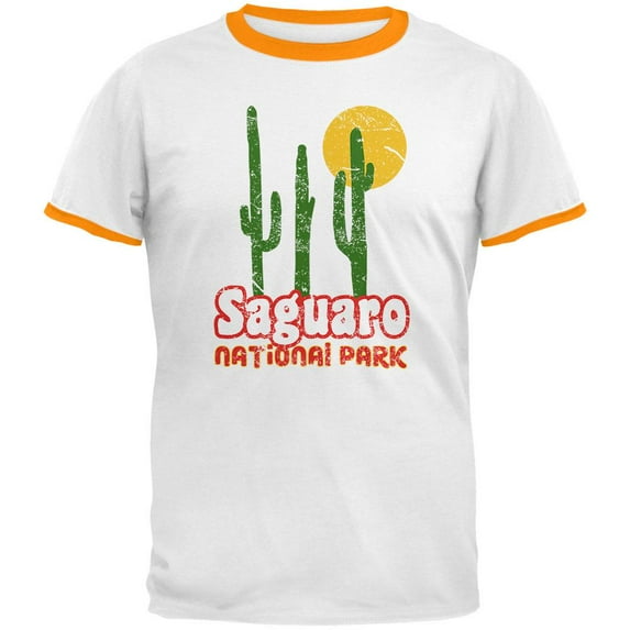 National Park Retro 70s Landscape Saguaro Mens Ringer T Shirt White-Gold SM