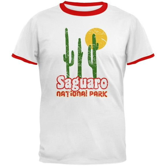National Park Retro 70s Landscape Saguaro Mens Ringer T Shirt White-Red X-LG
