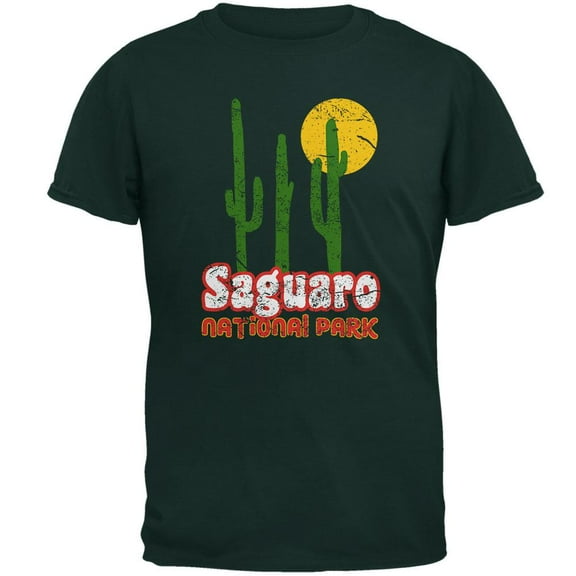 National Park Retro 70s Landscape Saguaro Mens T Shirt Forest Green LG