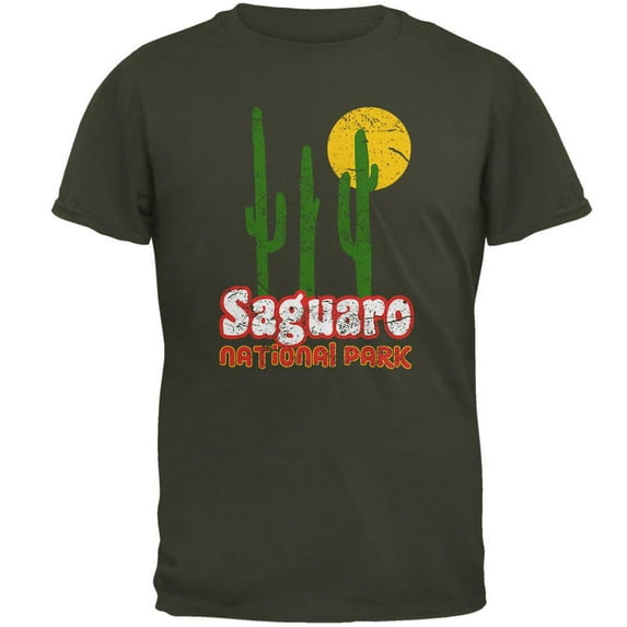 National Park Retro 70s Landscape Saguaro Mens T Shirt Olive SM