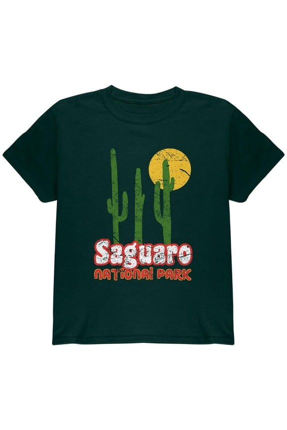National Park Retro 70s Landscape Saguaro Youth T Shirt Forest Green YMD